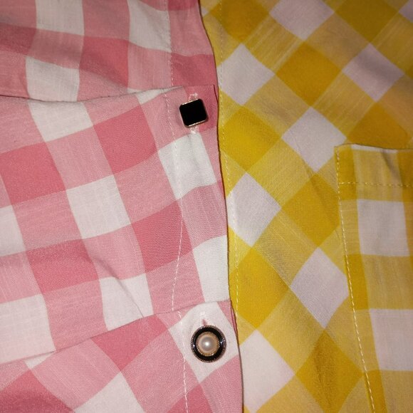 Atikshop Button-Up Shirt Pink & Yellow Gingham Colorblock Front Pocket Womens - Picture 6 of 13
